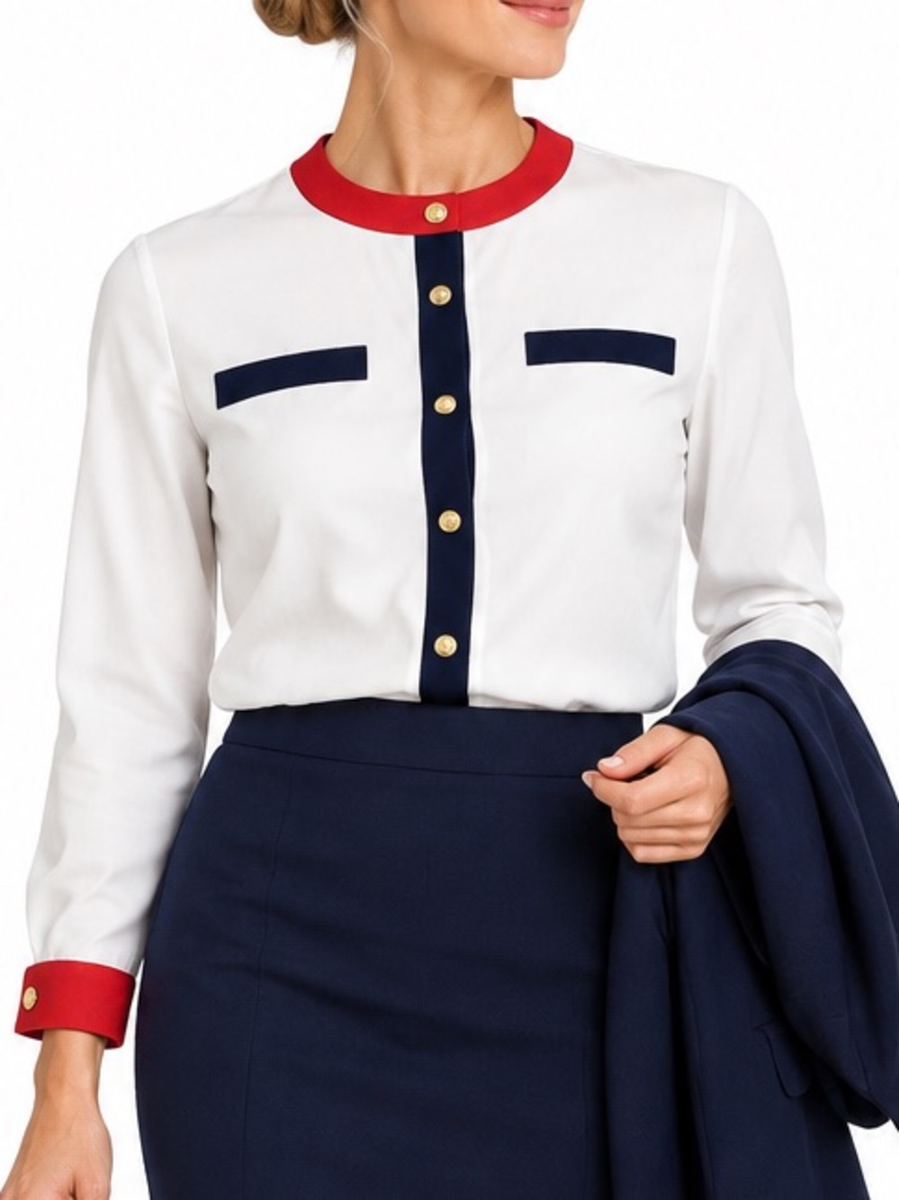 Hunt Club women's blouse, long sleeved, full button front, red white navy, Sz 10